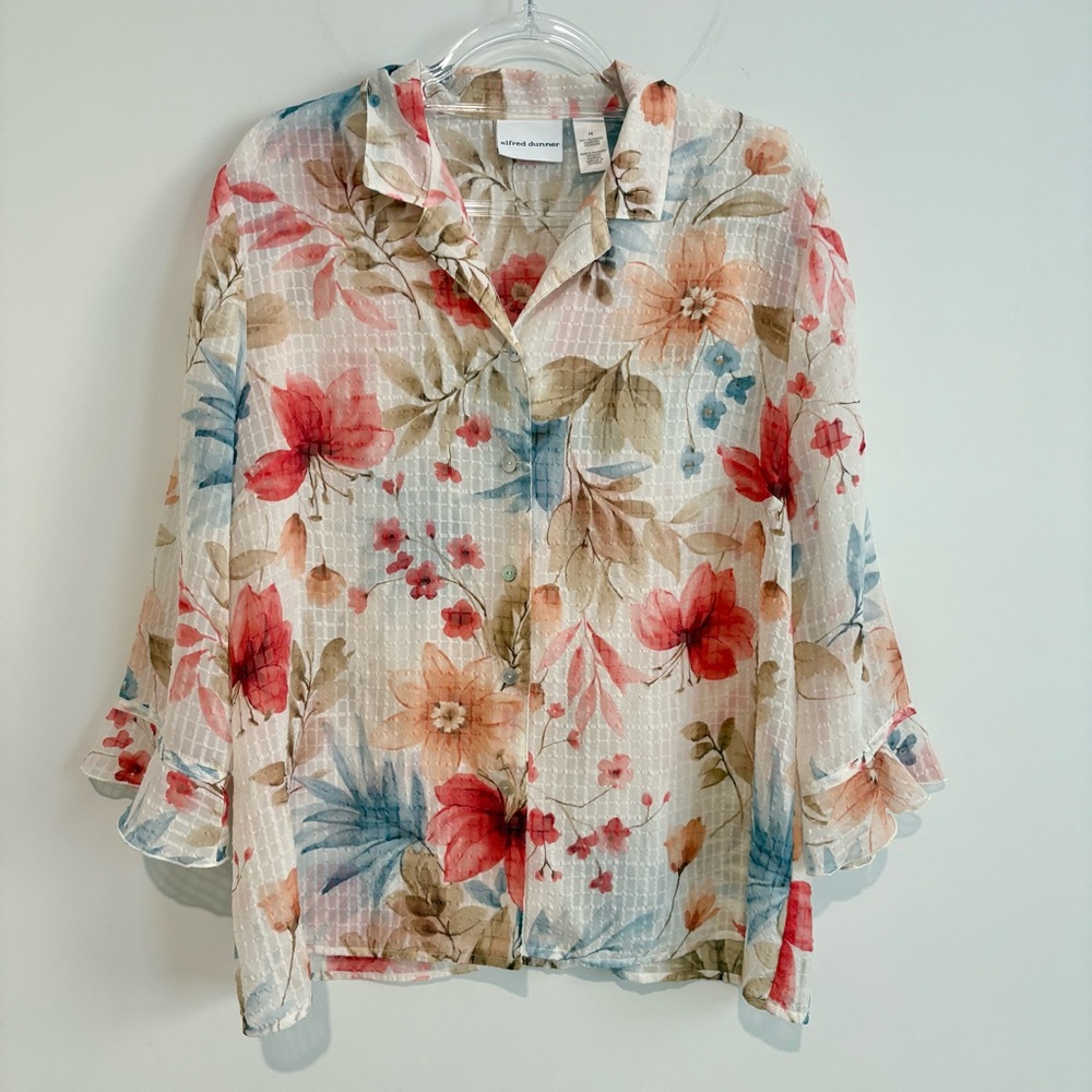 Alfred Dunner Floral Ruffle sleeve‎ button front Blouse Pink and Beige 14